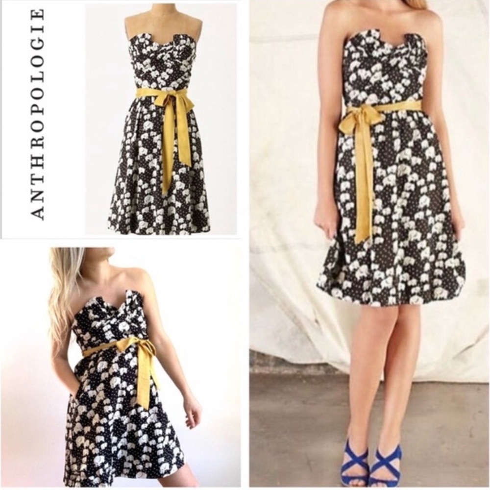 Anthropologie Strapless Black and White Dress with Yellow Sash